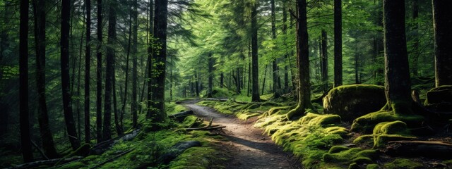 Obraz premium Trail in the forest with sunrays nature concept