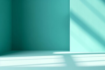 Abstract turquoise studio background for product presentation. Empty blue room with shadows of window. Display product with blurred backdrop, Generative AI