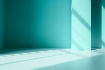 Abstract turquoise studio background for product presentation. Empty blue room with shadows of window. Display product with blurred backdrop, Generative AI
