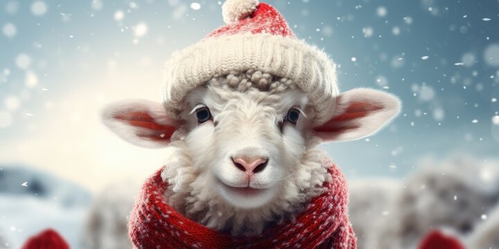 funny sheep in a red hat and scarf on a snowy background, photo for a postcard. Generative AI