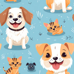 Seamless pattern of adorable cartoon puppies and kittens. Wrapping paper pattern