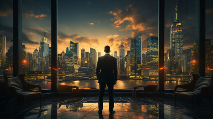 Fototapeta na wymiar Back view of businessman standing over windows background.