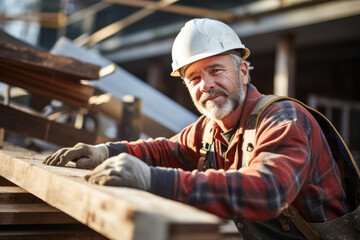 Naklejka na ściany i meble A man working on a wooden piece of construction.