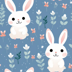 Seamless pattern of Enchanted Garden Bunnies and Whimsical Floral Pattern. Wrapping paper pattern