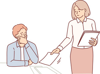Fototapeta premium Frightened man student receives form with tests or examination questions from female professor