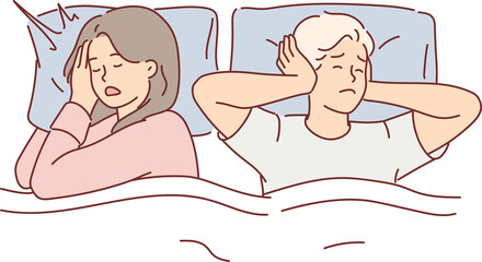 Man suffers from wife snoring and closes ears and cannot sleep because of loud noises