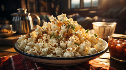 Bowl of popcorn on the table. - obrazy, fototapety, plakaty