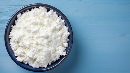 Cottage cheese in a bowl on a blue background, top view