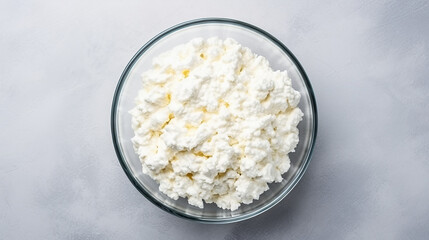 Cottage cheese in a glass bowl on a dark background. Top view.