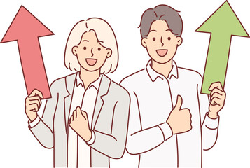 Successful business man and woman with up arrows showing victory gesture rejoicing in achievements