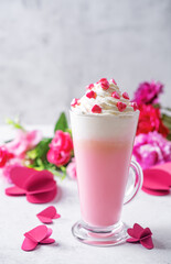 Hot white chocolate cocktail for Valentine's day holidays on a white isolated background