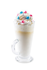 Hot white chocolate cocktail for Christmas holidays on a white isolated background