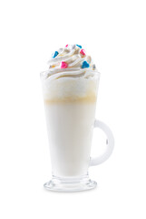 Hot white chocolate cocktail for Christmas holidays on a white isolated background