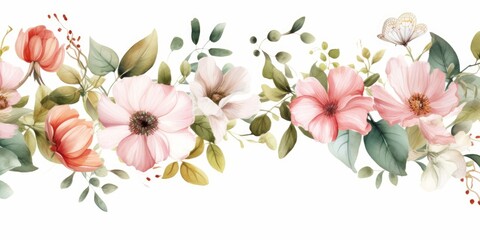 Bouquet border - green leaves and blush pink flowers on white background. Watercolor hand painted seamless border. Floral illustration. Foliage, Generative AI