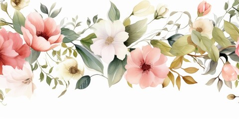 Bouquet border - green leaves and blush pink flowers on white background. Watercolor hand painted seamless border. Floral illustration. Foliage, Generative AI