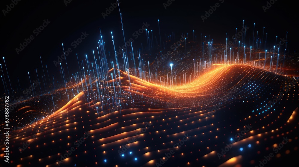 Fototapete big data visualization, musical stream of abstract background sounds with combinations of dots.