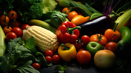 Beautiful fresh vegetables. Vegetables background. Peppers, broccoli, corn.