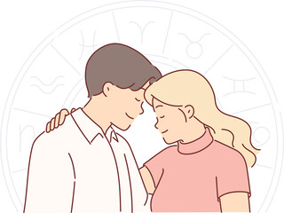 Romantic couple and horoscope wheel symbolizing full compatibility man and woman with zodiac signs