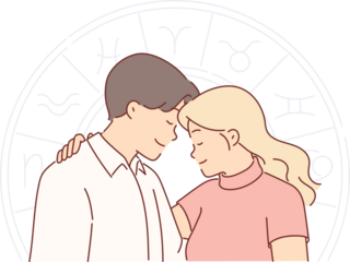 Romantic couple and horoscope wheel symbolizing full compatibility man and woman with zodiac signs