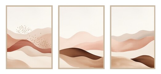 Abstract Arrangements. Landscapes, mountains. Posters. Terracotta, blush, pink, ivory, beige watercolor Illustration and gold elements, on white background. Modern print set. Wall art. Generative AI