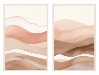 Abstract Arrangements. Landscapes, mountains. Posters. Terracotta, blush, pink, ivory, beige watercolor Illustration and gold elements, on white background. Modern print set. Wall art. Generative AI