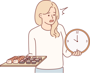 Woman with sushi rolls and hours nervous about long delivery time from japanese restaurant