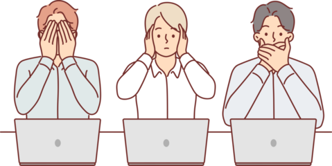 Uncoordinated work business people sitting at table with laptops and cover mouths with ears or eyes