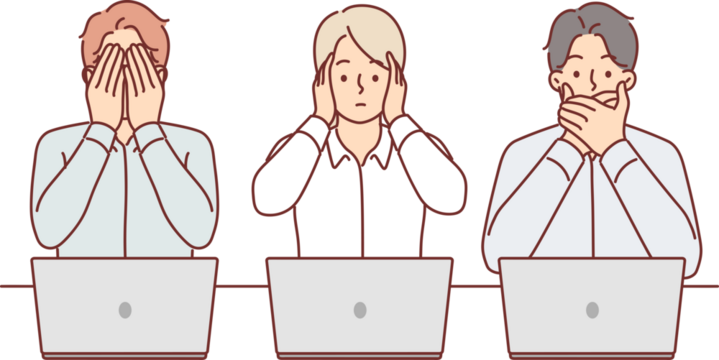 Uncoordinated work business people sitting at table with laptops and cover mouths with ears or eyes