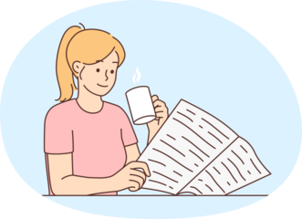 Happy woman drink coffee read newspaper