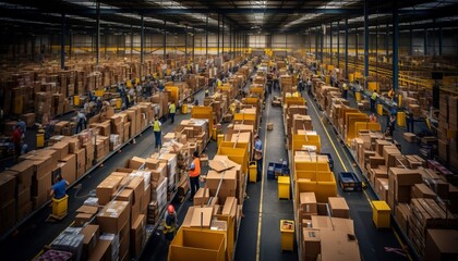 Efficient conveyor belt system moving cardboard box packages in a busy warehouse fulfillment center