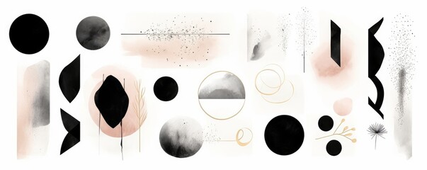 Abstract Arrangements. Black elements, textures. Posters. Terracotta, blush, pink, ivory, beige watercolor Illustration & gold elements, on white background. Modern print set. Generative AI