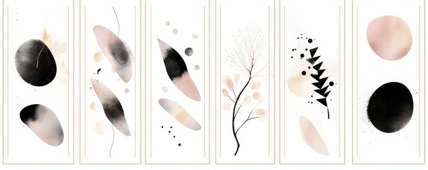 Abstract Arrangements. Black elements, textures. Posters. Terracotta, blush, pink, ivory, beige watercolor Illustration & gold elements, on white background. Modern print set. Generative AI