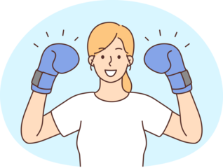 Smiling strong woman in boxers gloves