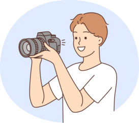 Smiling man with camera taking pictures