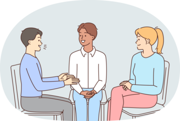 Smiling people sit in circle talking