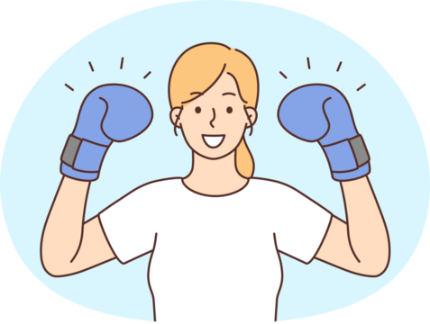 Smiling strong woman in boxers gloves