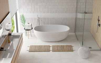 Modern bathroom interior with wooden decor in eco style. 3D Render