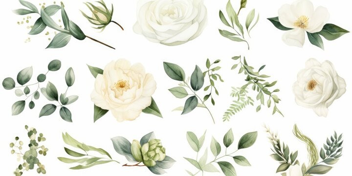 Watercolour floral illustration set. White flowers, green leaves individual elements collection. Rose, peony, eucalyptus, chamomile. invitations, anniversary, birthday, prints, Generative AI