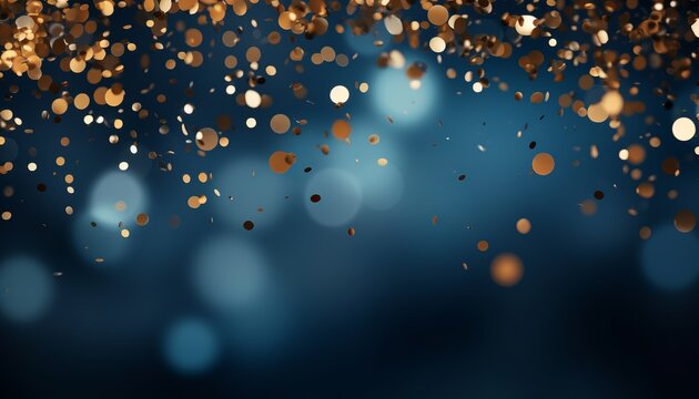 Golden light particles on navy blue background with abstract black and gold design   holiday concept
