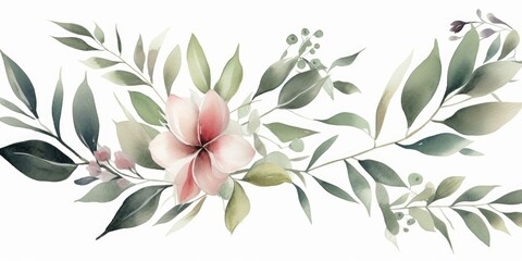 Watercolor floral bouquet branches with green pink blush leaves, for wedding invitations, greetings, wallpapers, fashion, prints. Eucalyptus, olive green leaves, Generative AI