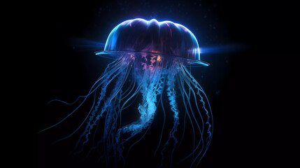 a jellyfish in the dark with a blue light on it's head and a black background with a blue glow