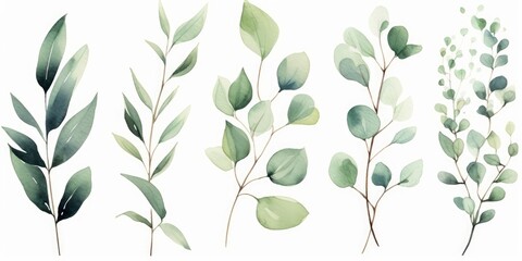 Watercolor floral illustration set - green leaf branches collection, for wedding stationary, greetings, wallpapers, fashion, background. Eucalyptus, olive, green leaves, Generative AI - obrazy, fototapety, plakaty