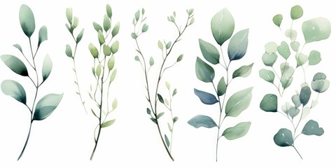 Watercolor floral illustration set - green leaf branches collection, for wedding stationary, greetings, wallpapers, fashion, background. Eucalyptus, olive, green leaves, Generative AI