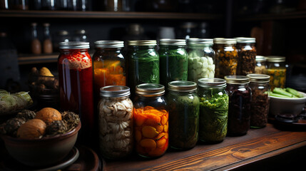 Food in glass cans in the kitchen.