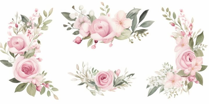 Watercolor floral bouquet set with green leaves, pink peach blush white flowers, leaf branches, for wedding invitations, greetings, wallpapers, fashion, prints. Eucalyptus, olive, rose, Generative AI