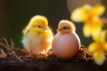 A yellow chicken looks at a new-born chick hatching from an egg - obrazy, fototapety, plakaty