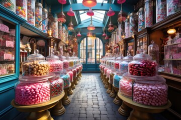 Vintage candy store with rows of glass jars of sweets. Candy shop interior - Powered by Adobe