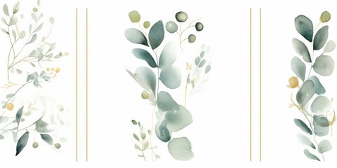 Watercolor floral illustration set - bouquet, frame, border. White flowers, rose, peony, gold green leaf branches collection. Wedding invites, wallpapers, fashion. Eucalyptus, Generative AI