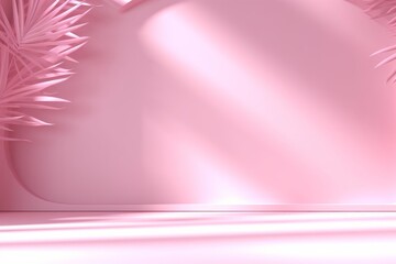Abstract pink color gradient studio background for product presentation. Empty room with shadows of window and flowers and palm leaves . 3d room with copy space. Summer concert. Blurred, Generative AI