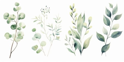 Watercolour floral illustration set. White flowers, green leaves individual elements collection. Green branches, eucalyptus, chamomile. For wedding invitations, anniversary, birthday, Generative AI - obrazy, fototapety, plakaty
